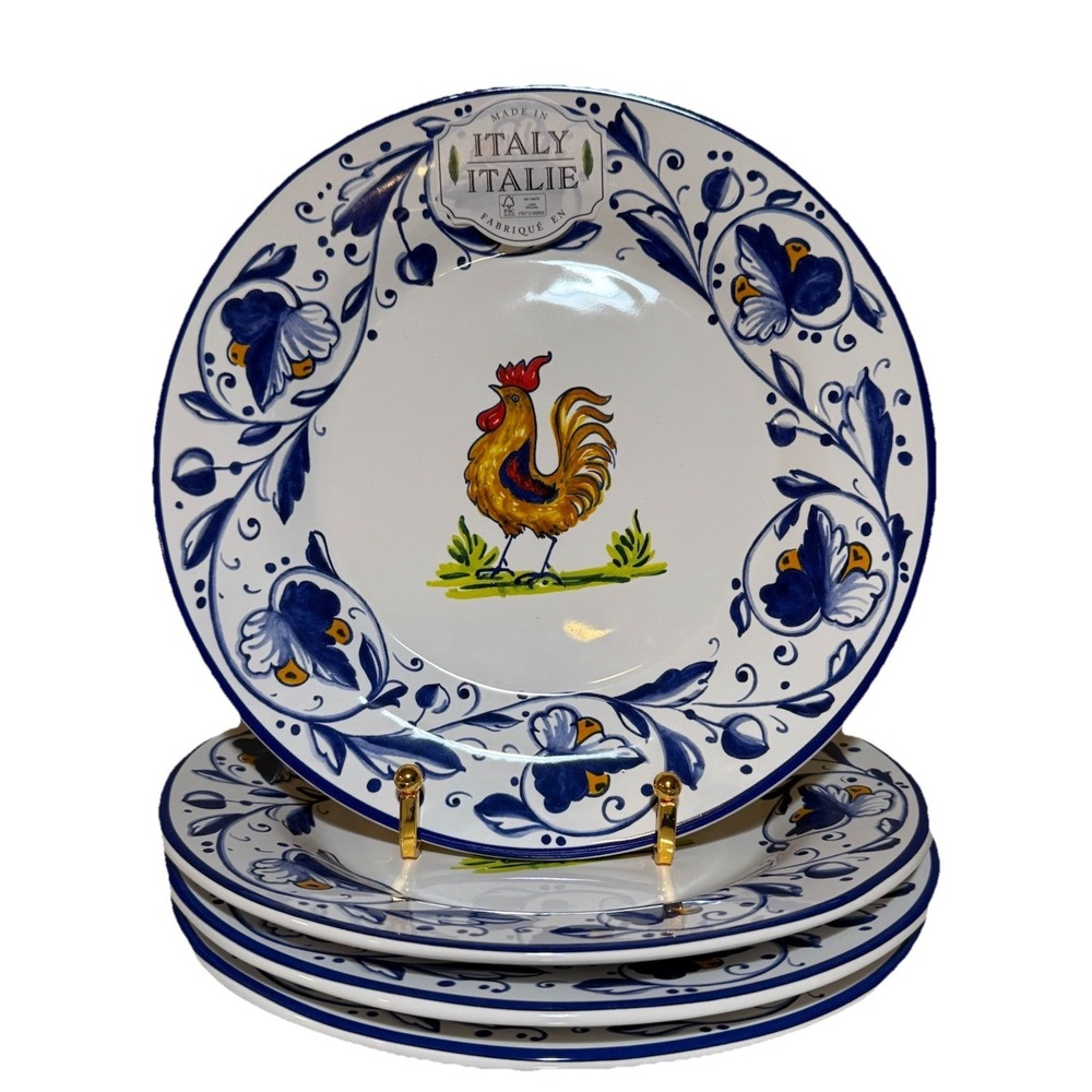 Set of 4 Nova Deruta Made In Italy Pottery Blue ROOSTER 8 3/4" Salad Plates New